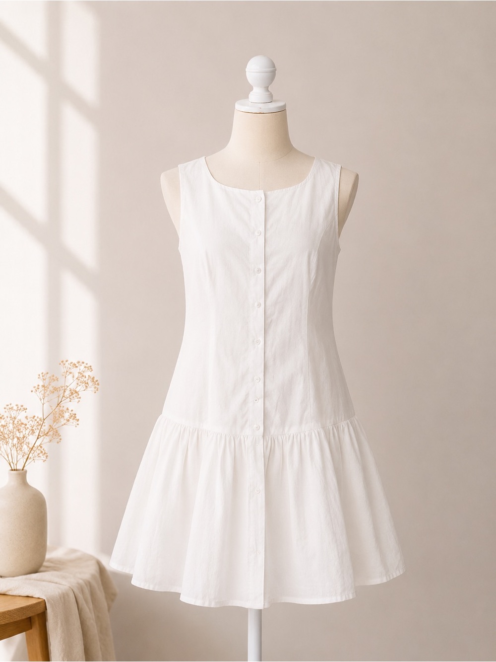 Rebel + Leigh White Cotton Button Down Dropped Waist Ruffle Mini Dress Medium